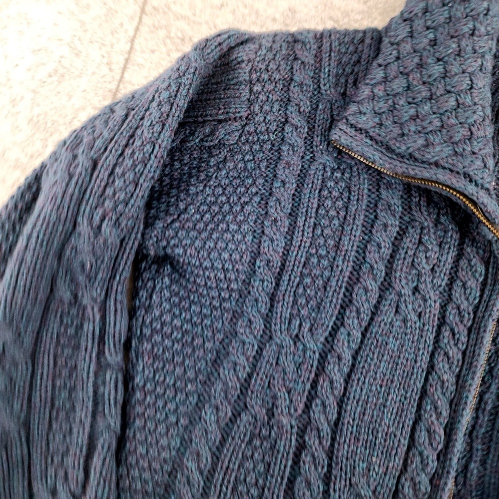 Aran Woollen Mills Small | Blue Merino Wool Cable Knit Full Zip Cardigan Sweater - Picture 2 of 7